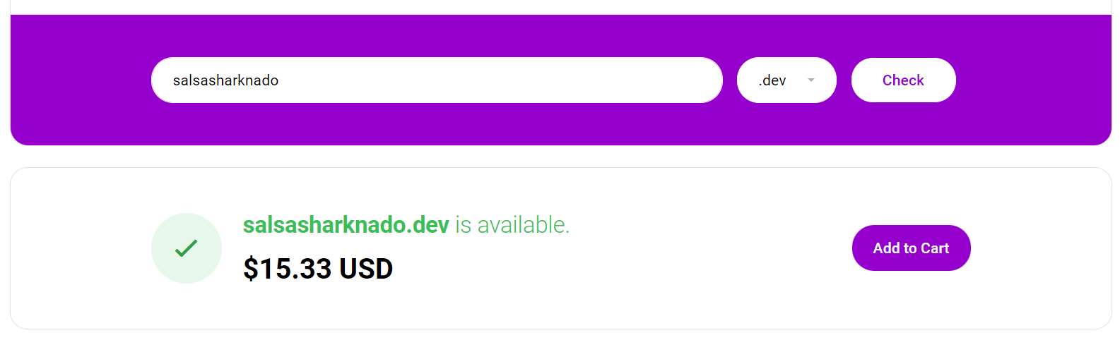 Screenshot of selected domain name with pricing