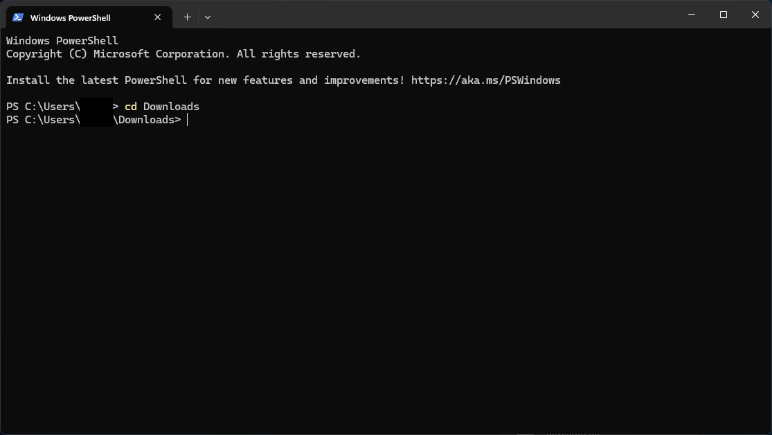 Screenshot of Windows Powershell in Downloads directory