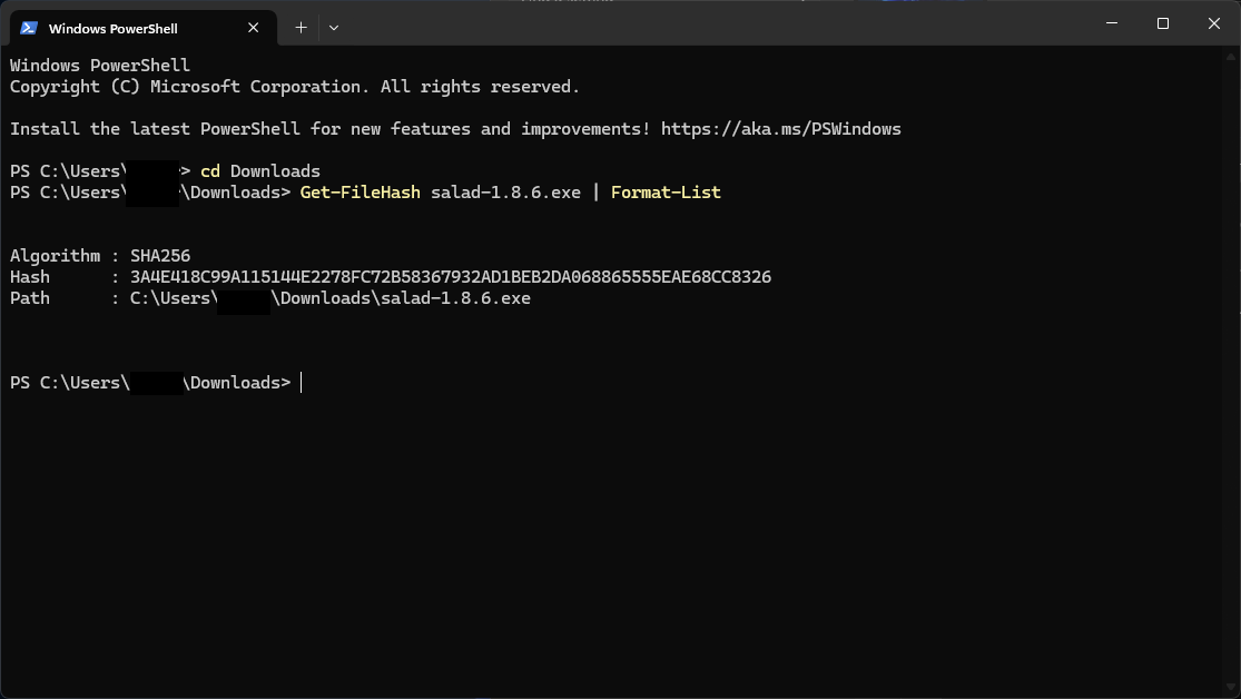 Screenshot of filehash command being run