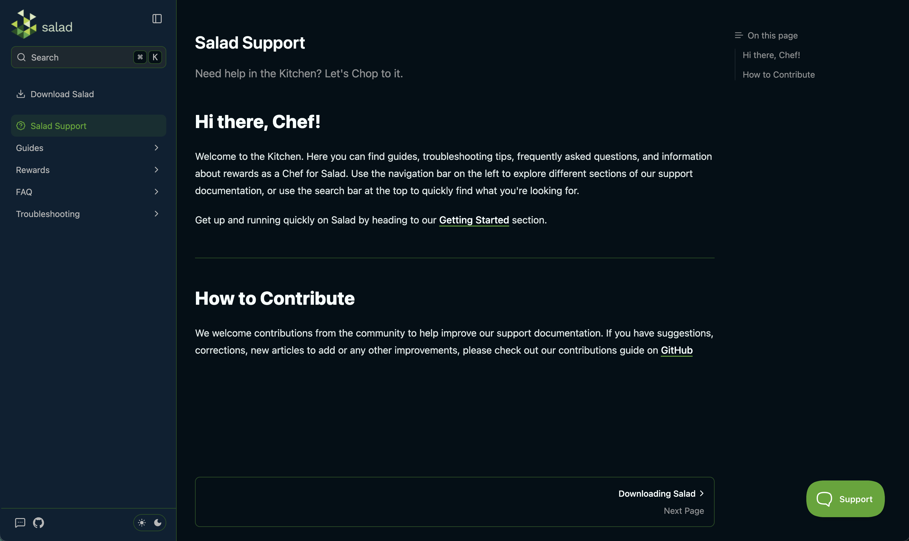 Screenshot of Salad Support website