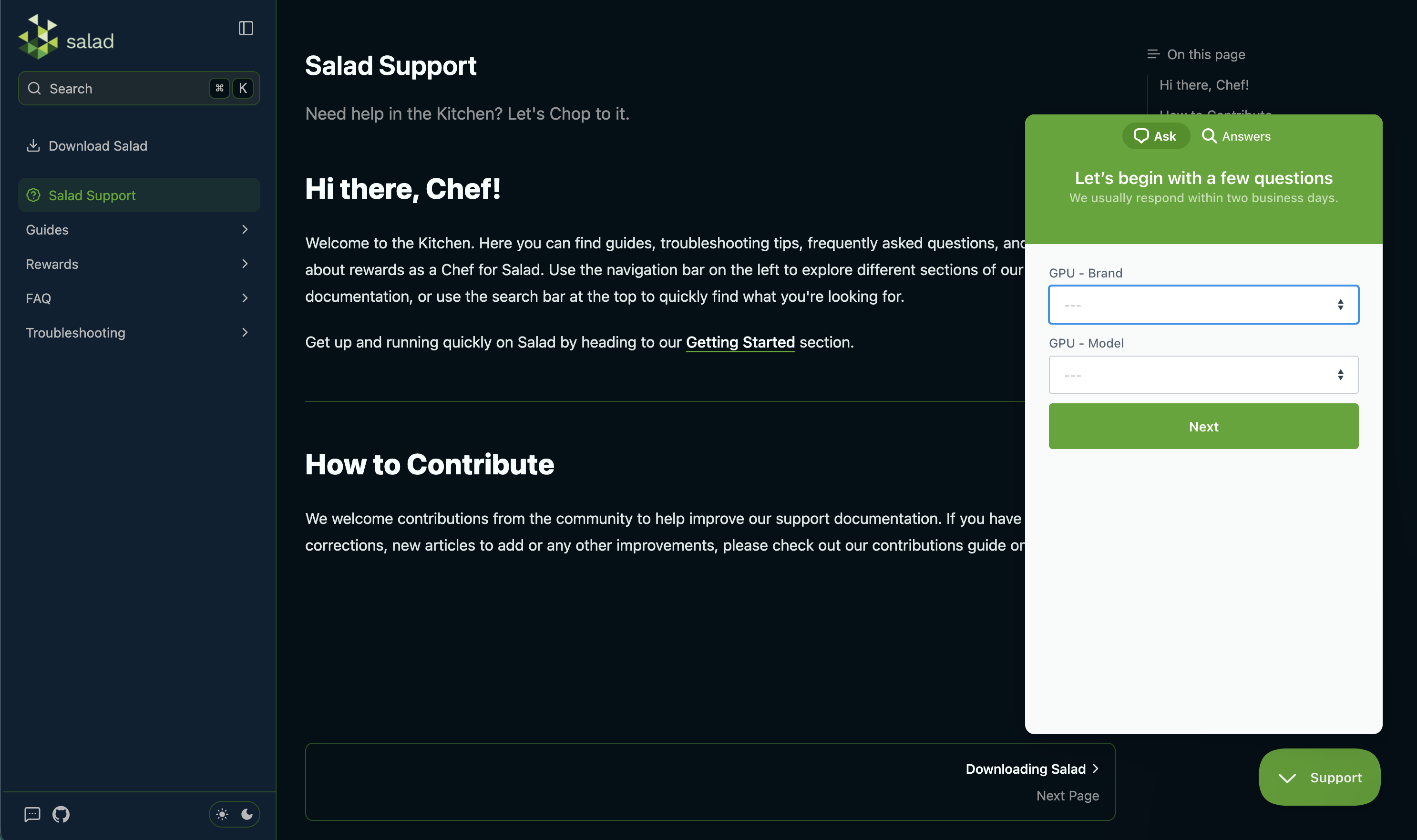 Screenshot of Salad Support contact widget