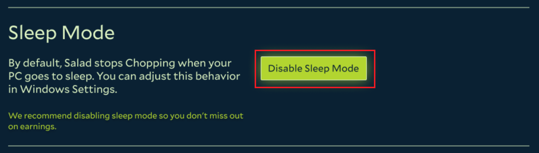 finding the Sleep mode settings in Salad