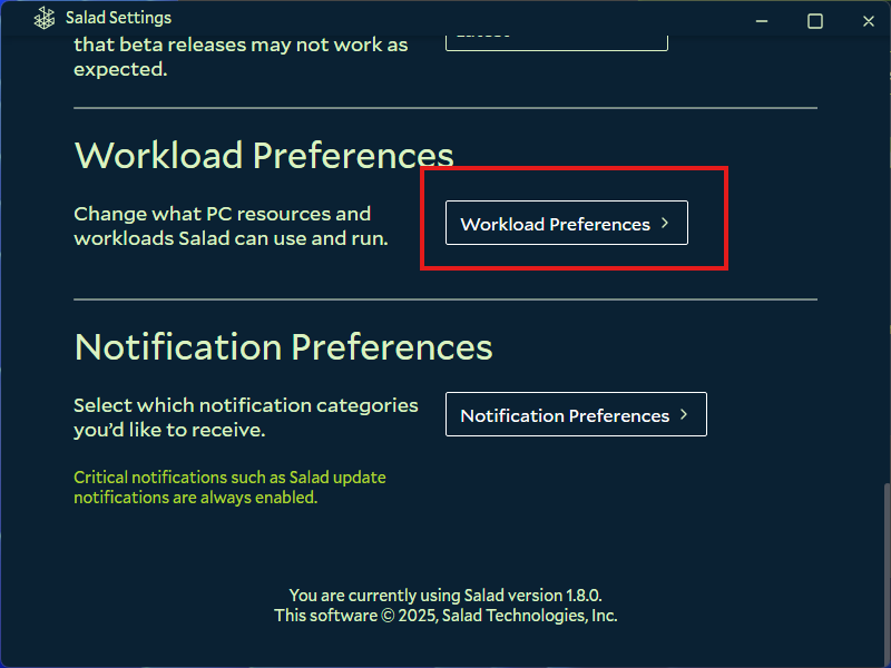Finding the workload preferences options in the Salad app
