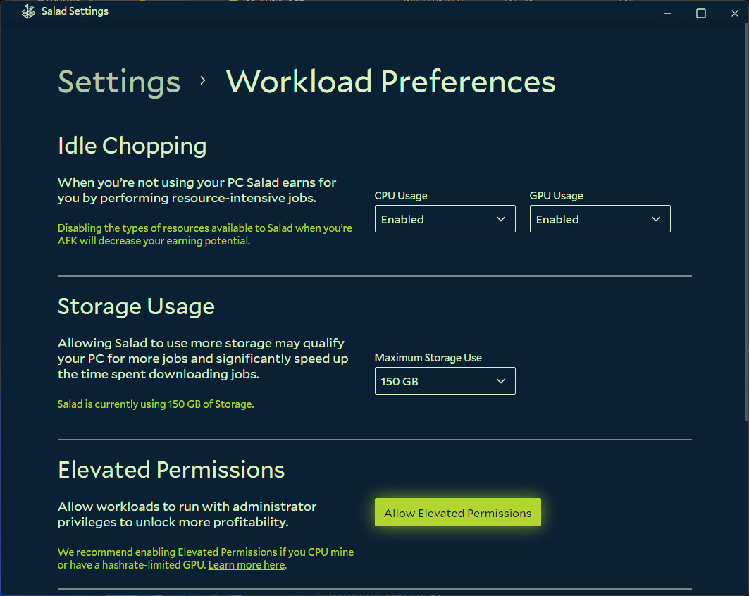 screenshot showing options for hardware usage in Salad