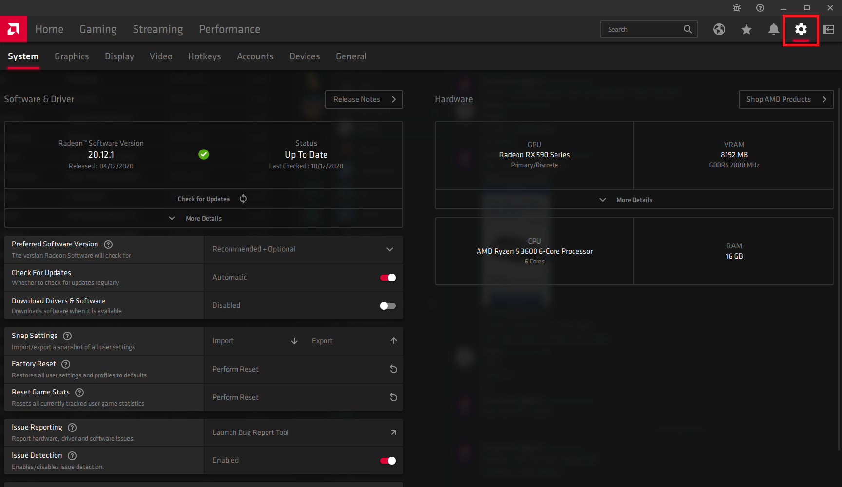 screenshot of amd driver app