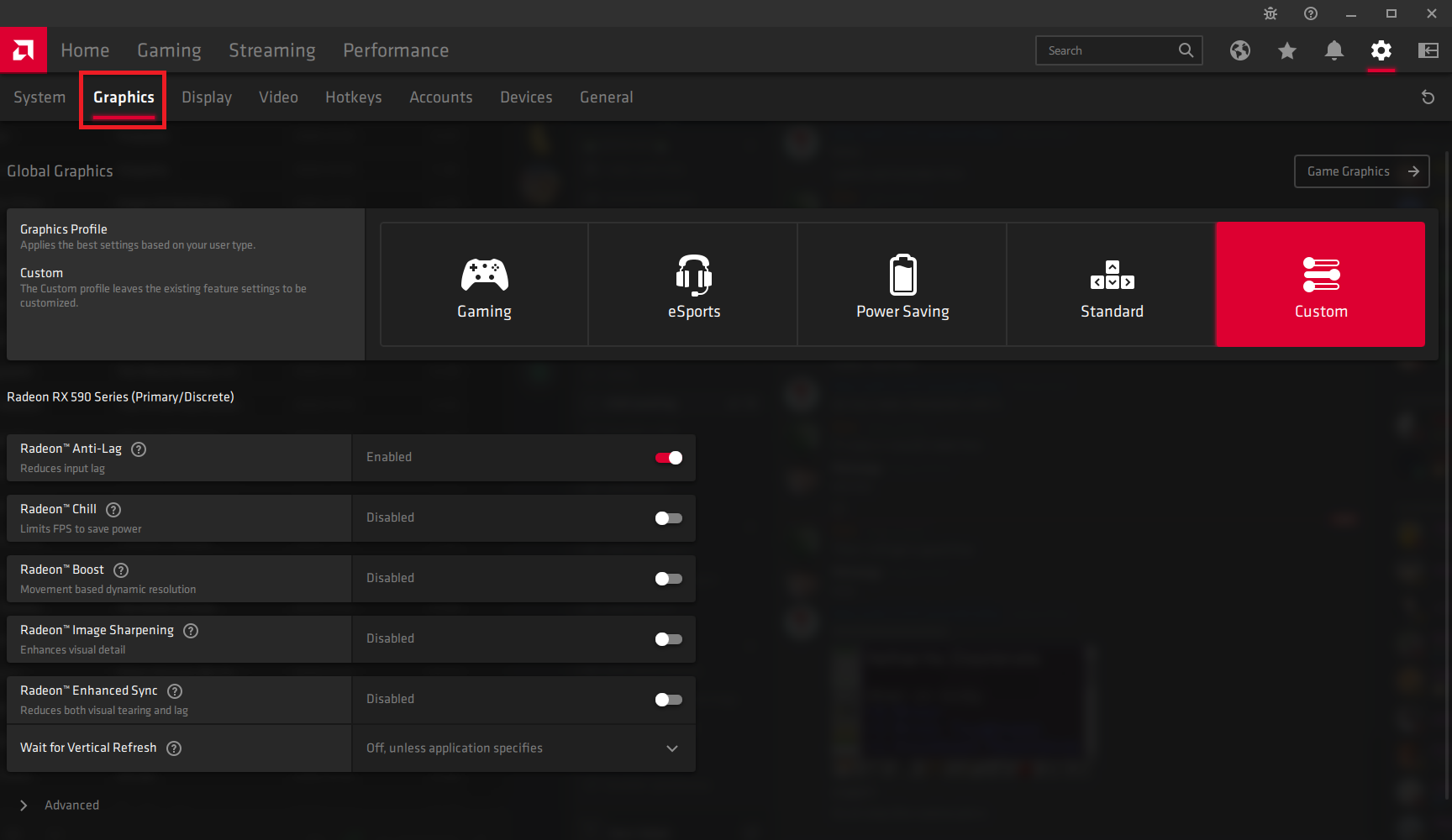 screenshot of graphics tab