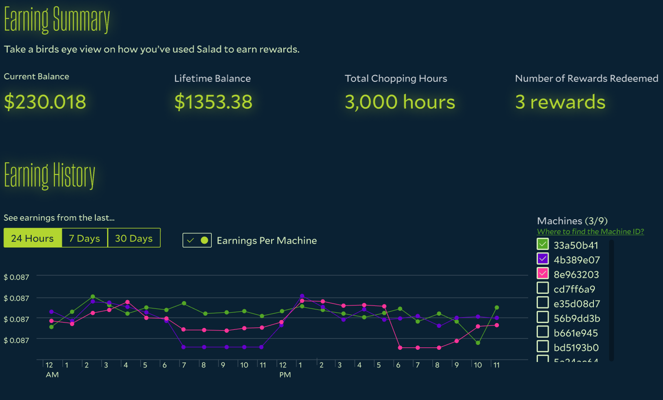 Screenshot of the earning dashboard showing Machine IDs