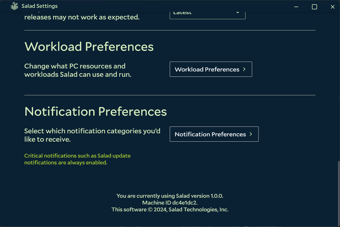 Screenshot of the Salad app settings page showing the Machine ID
