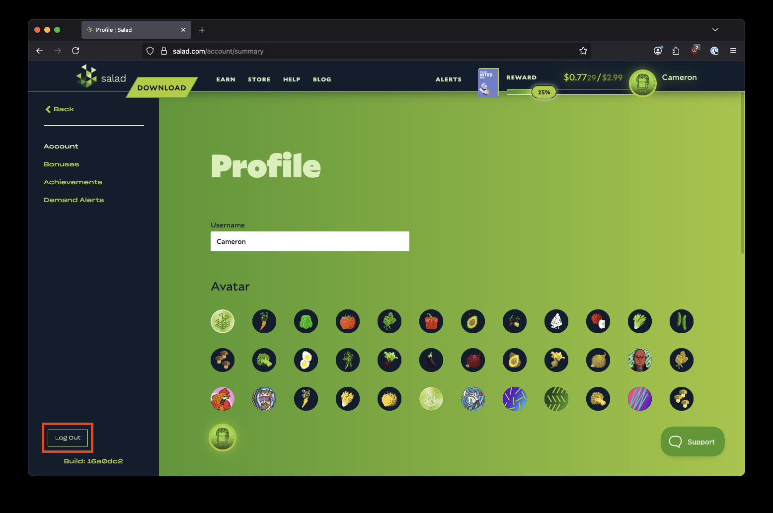 Finding the log out button on the Salad website