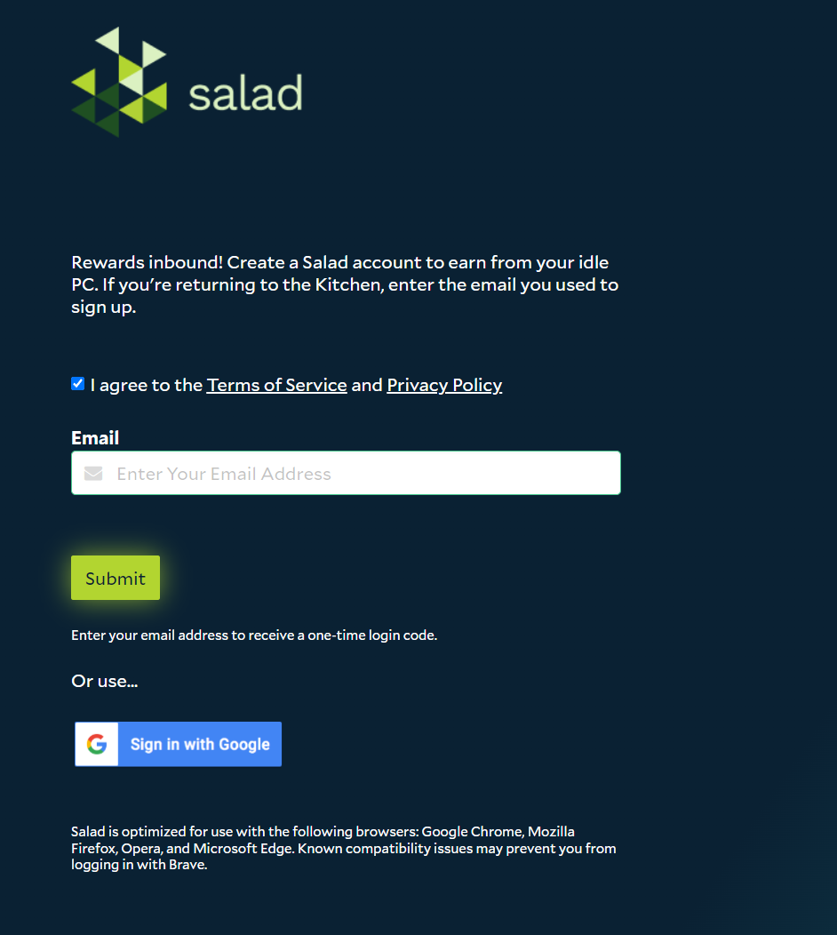 Entering your email address to log into Salad