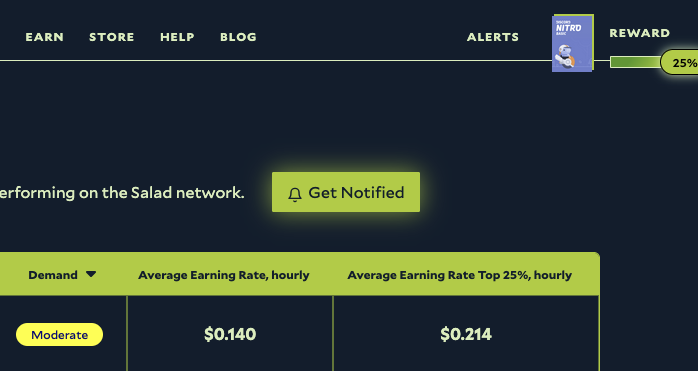 finding the Get Notified button on the Salad Network Monitor