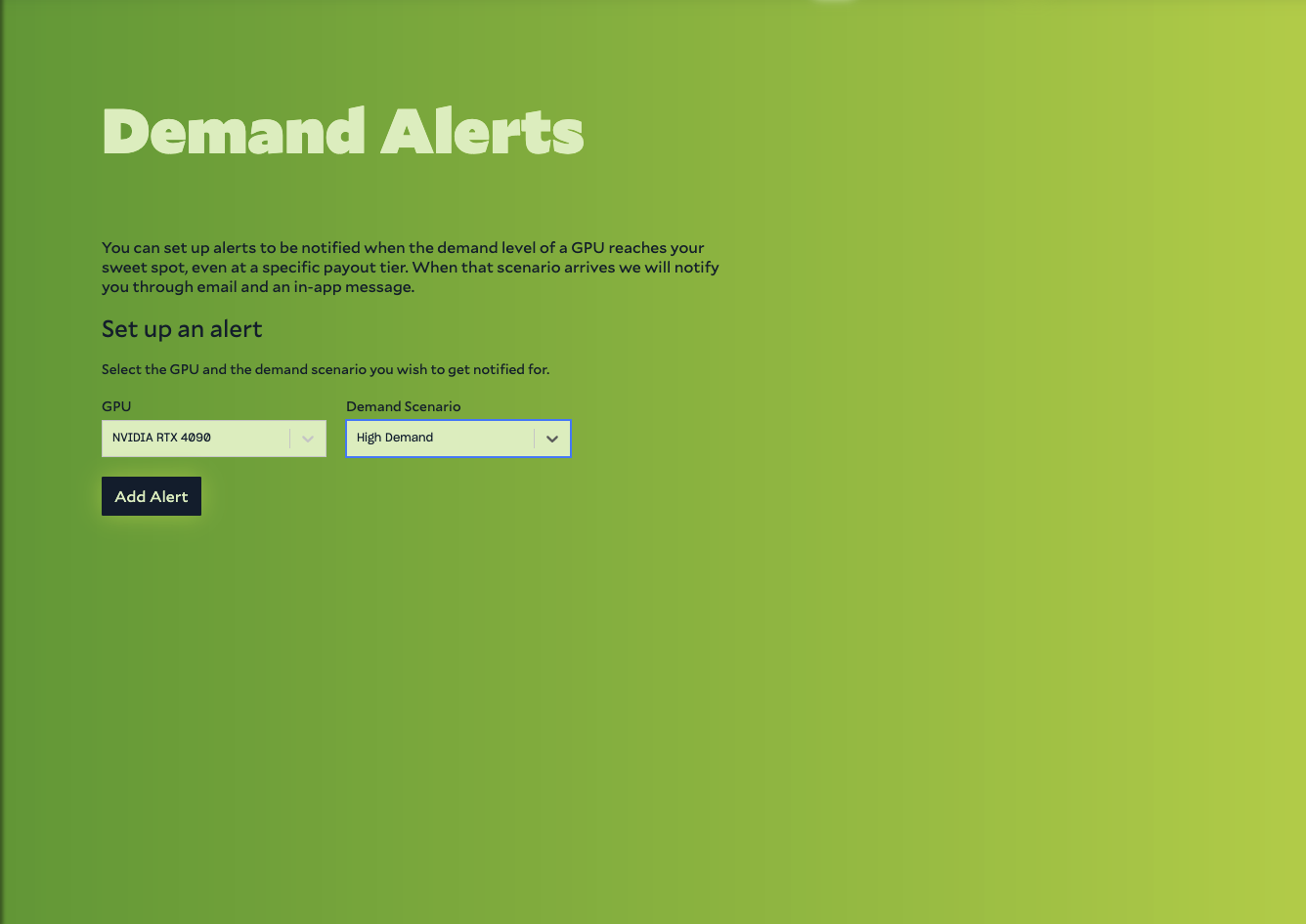 Screenshot showing the Demand Alert configuration options
