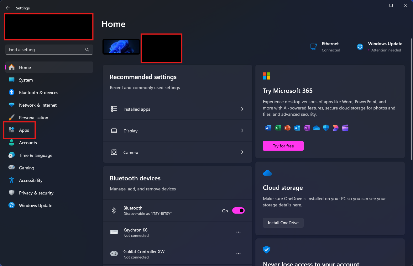 Opening Windows Settings and then Apps