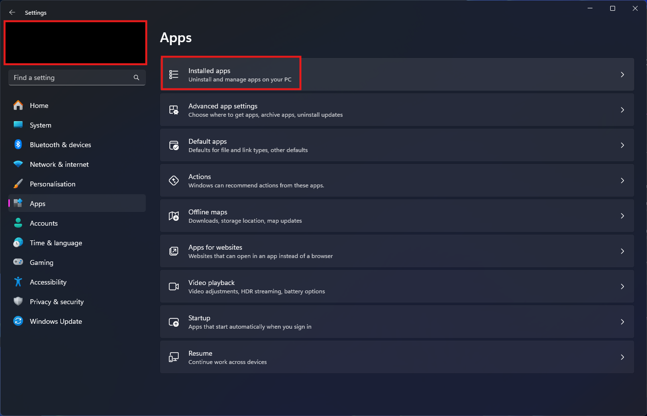 Clicking into the Installed Apps section of Windows Settings
