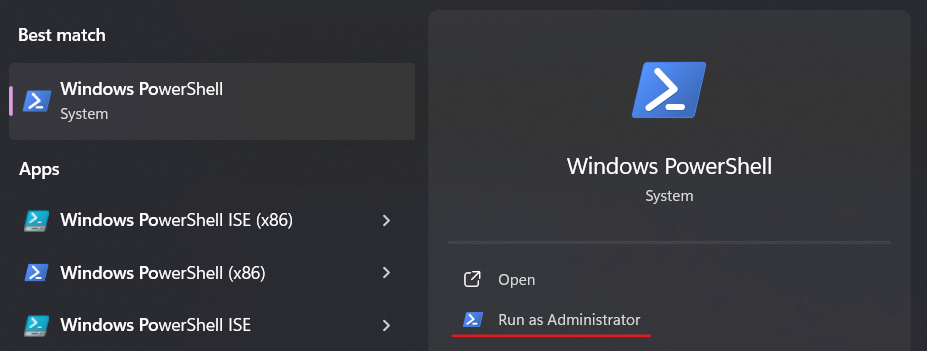 Screenshow of Windows search opening Windows Powershell as admin