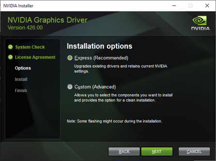 screenshot of nvidia driver installation options
