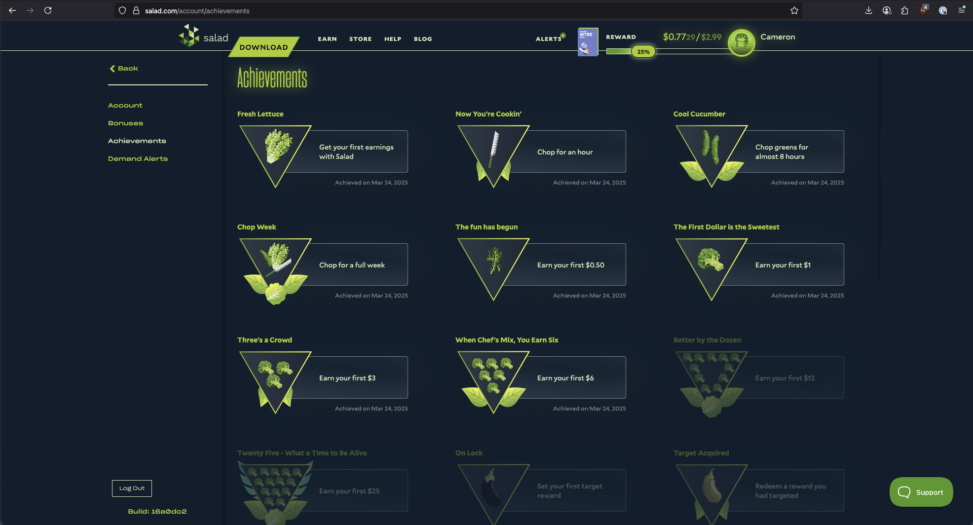 Screenshot of the achievements page showing achievements