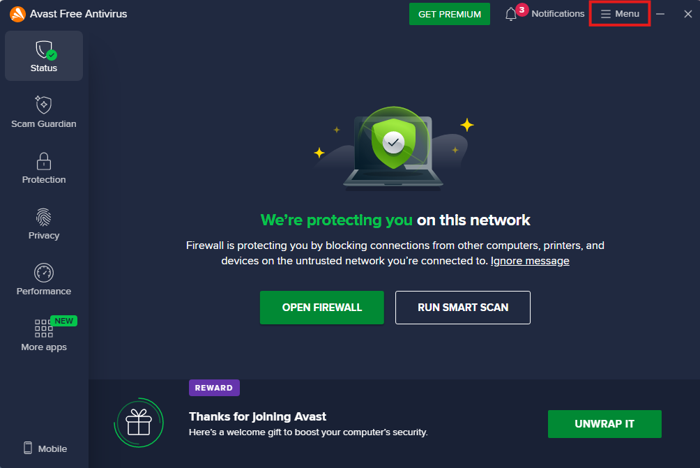 selecting menu in avast