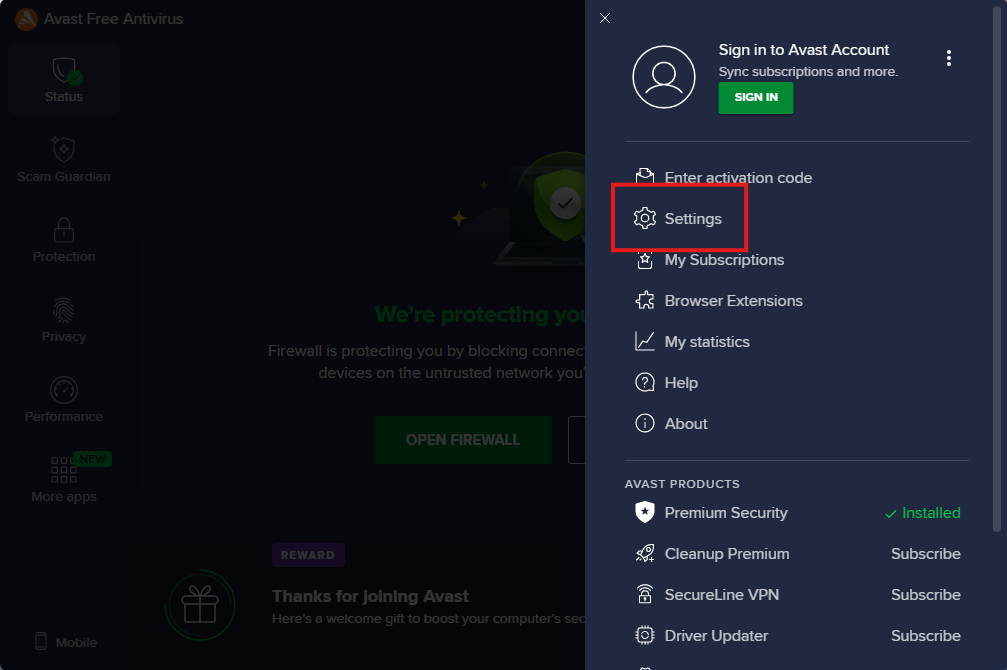 selecting settings in avast