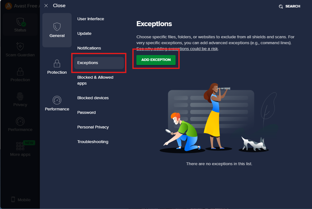 exceptions options in avast
