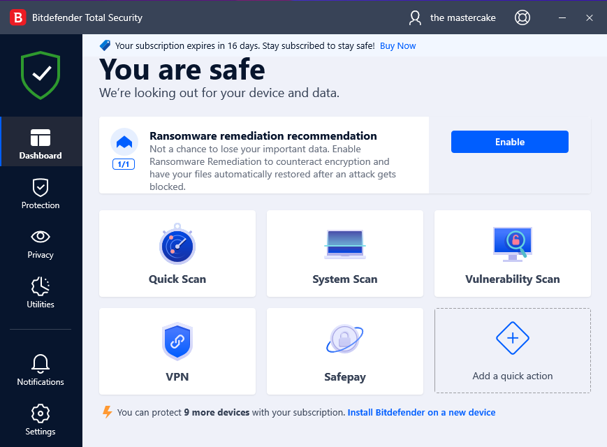 screenshot of the bitdefender main screen