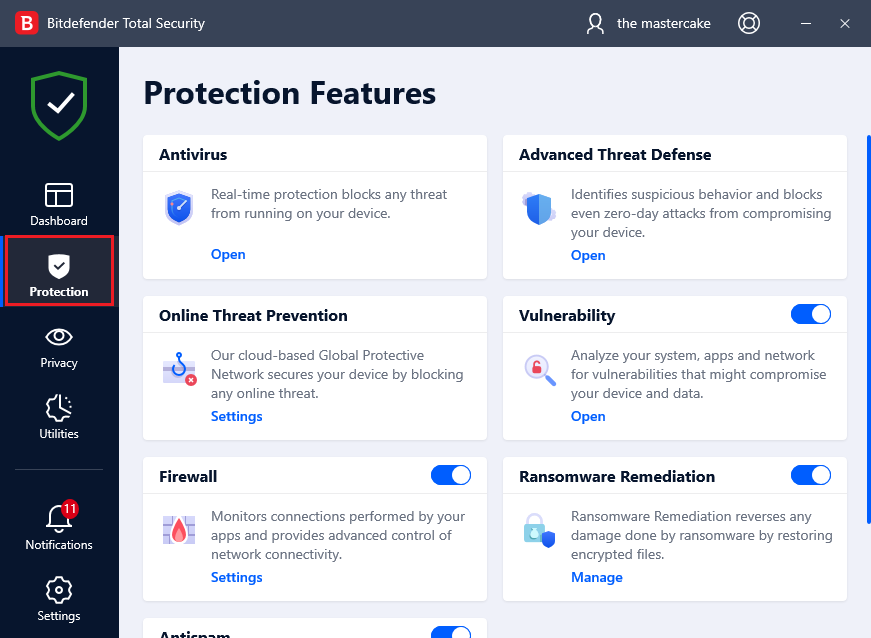 screenshot selecting protection options