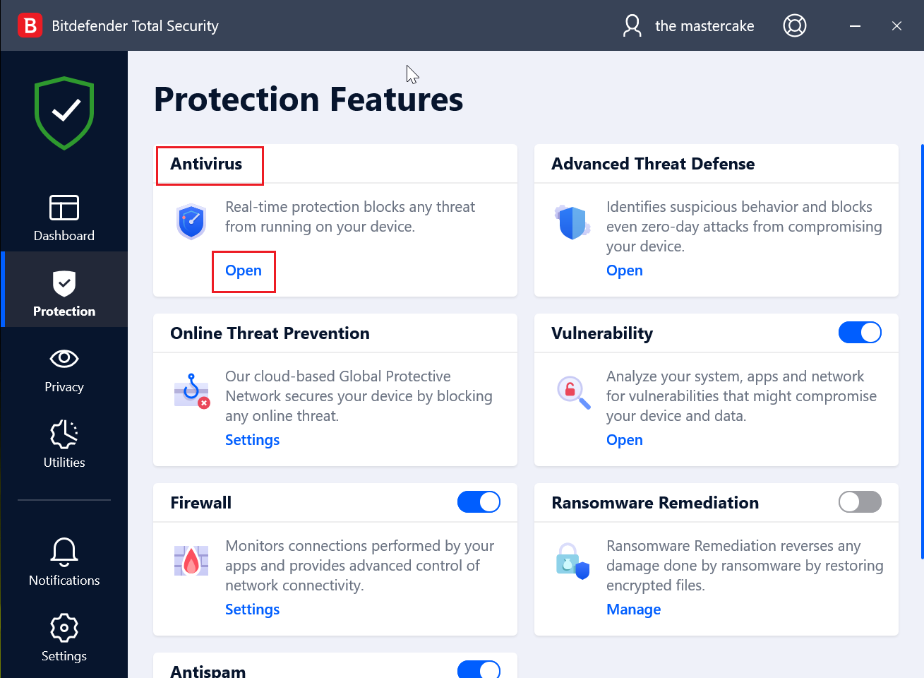 screenshot of antivirus options