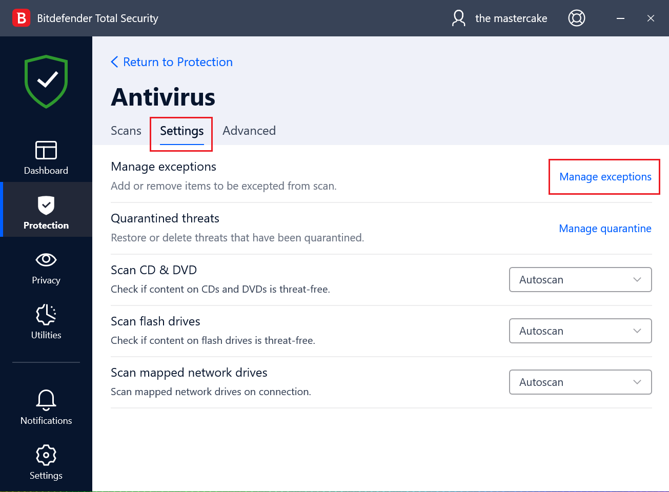 selecting settings panel