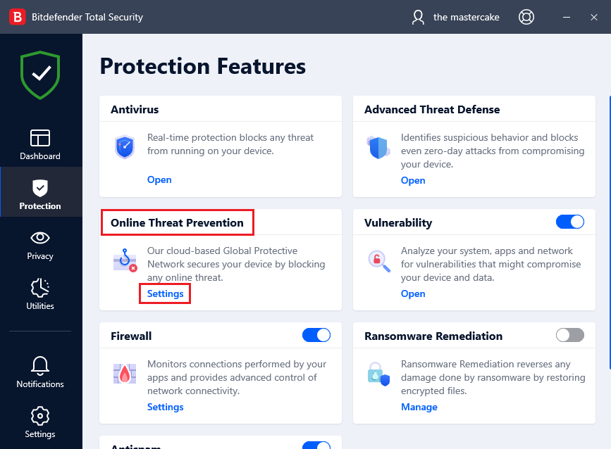 online threat protection settings