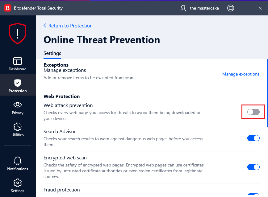 disabling web attack protection