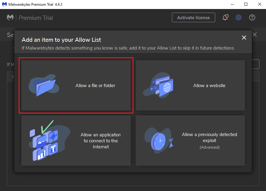 malwarebytes option to allow a file or folder