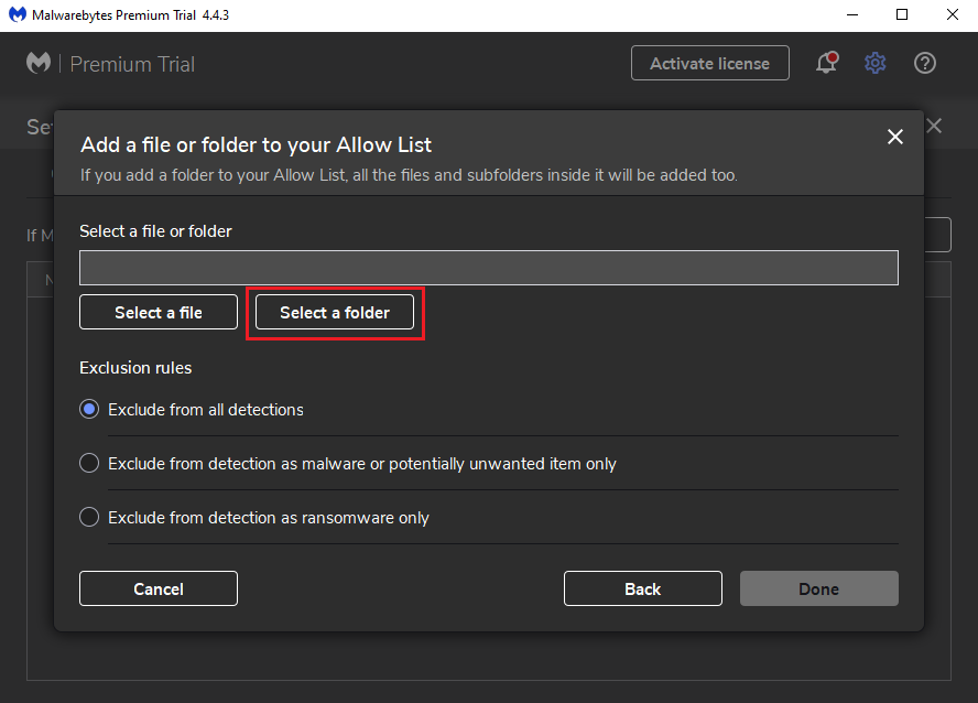 malwarebytes select folder option