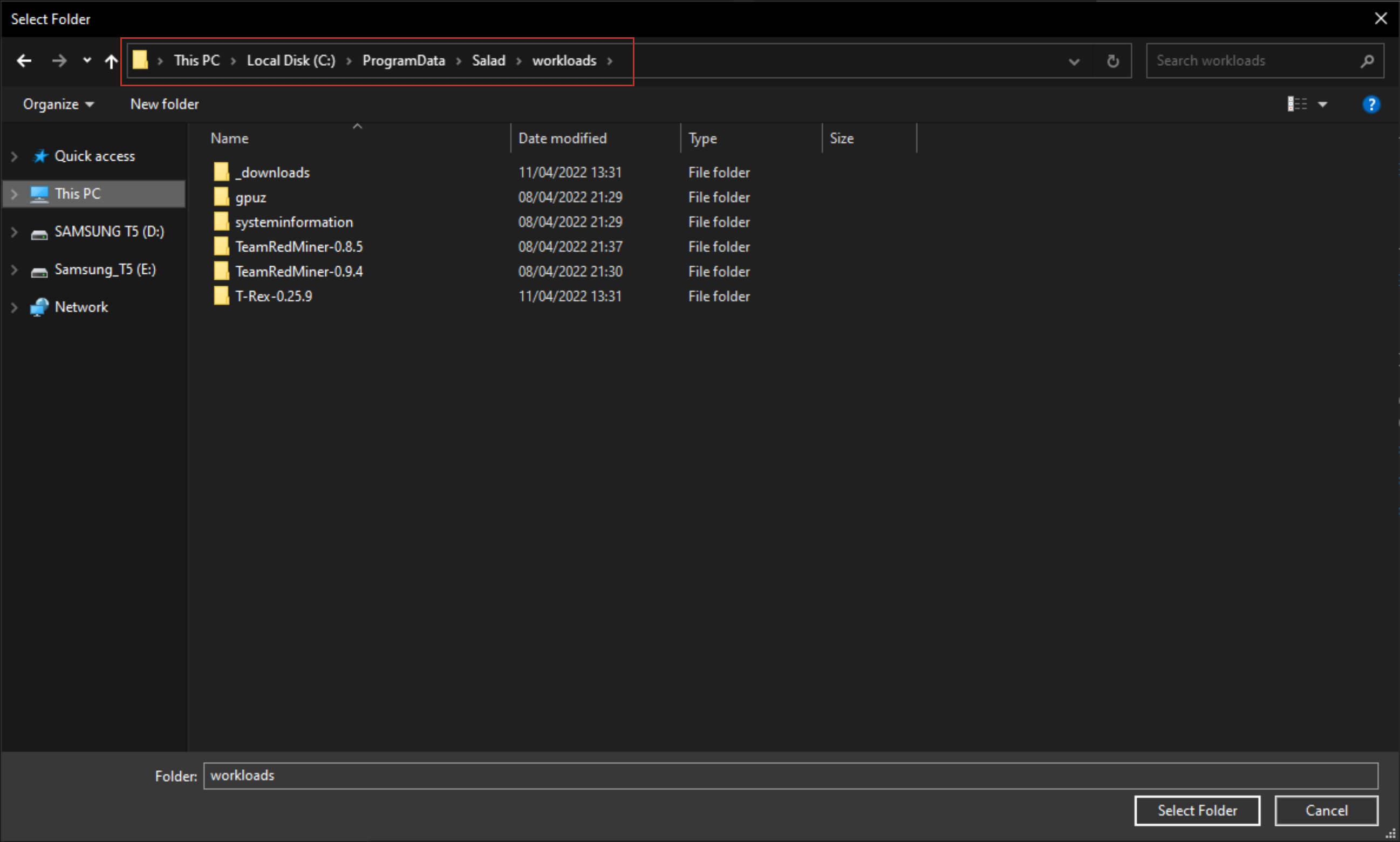 file explorer showing Salad path