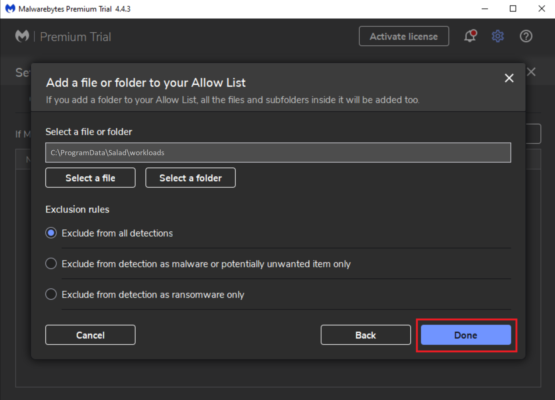 screenshot showing Done button