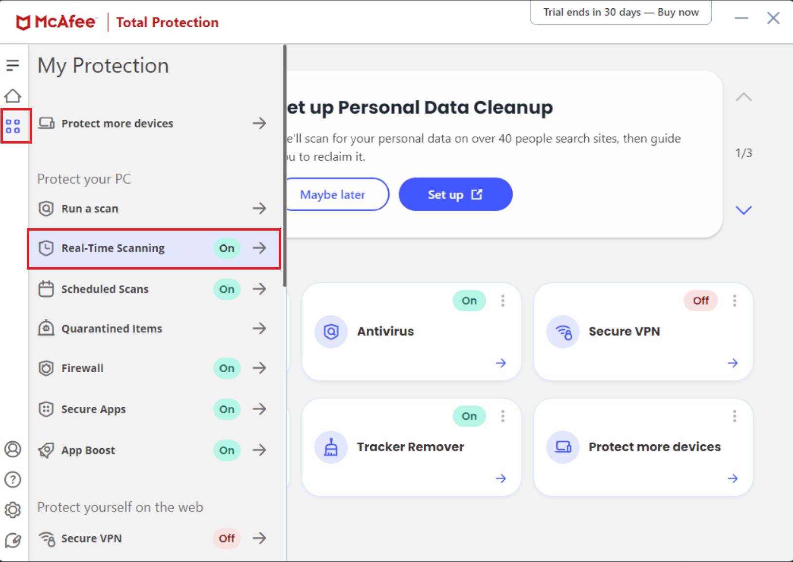 screenshot showing how to open real time scanning options