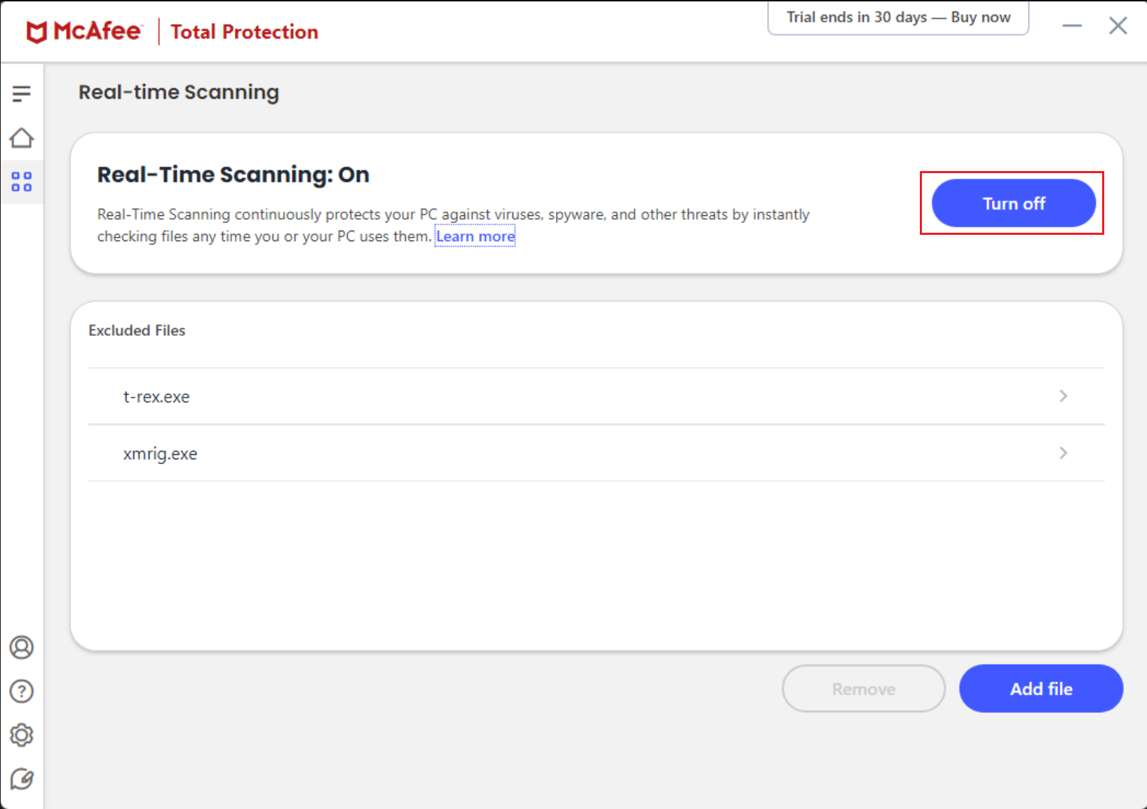 disabling real time scanning