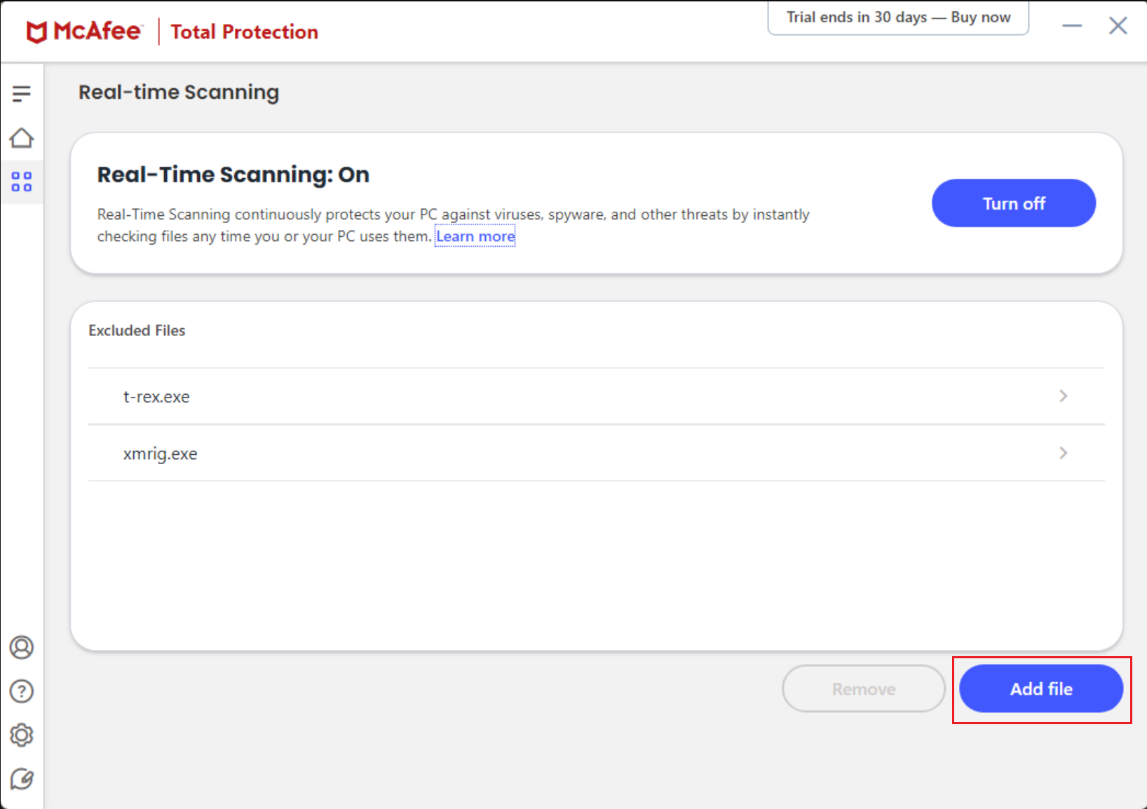 exclusion settings in McAfee
