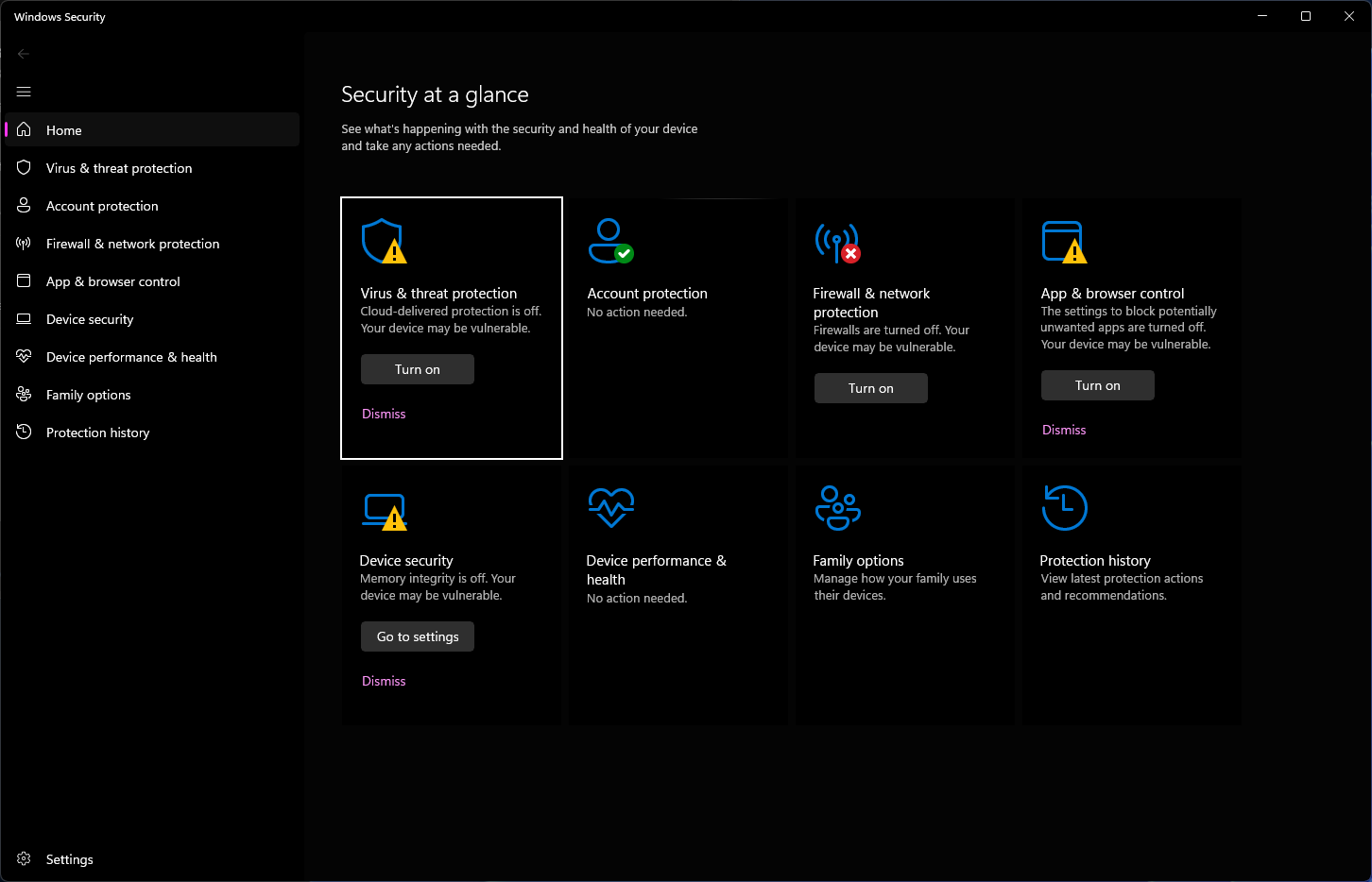 Screenshot of windows security app