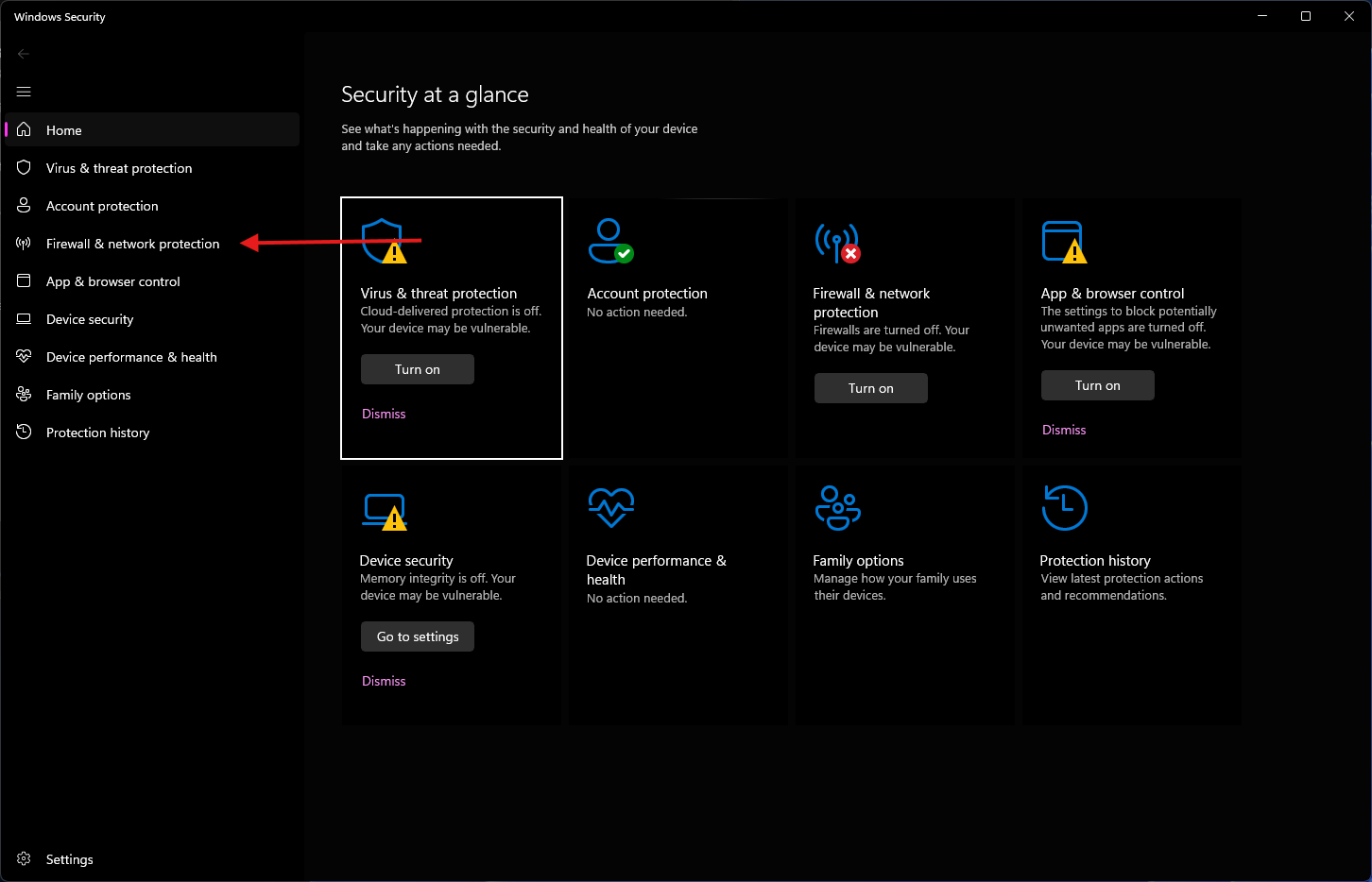 Screenshot of firewall settings