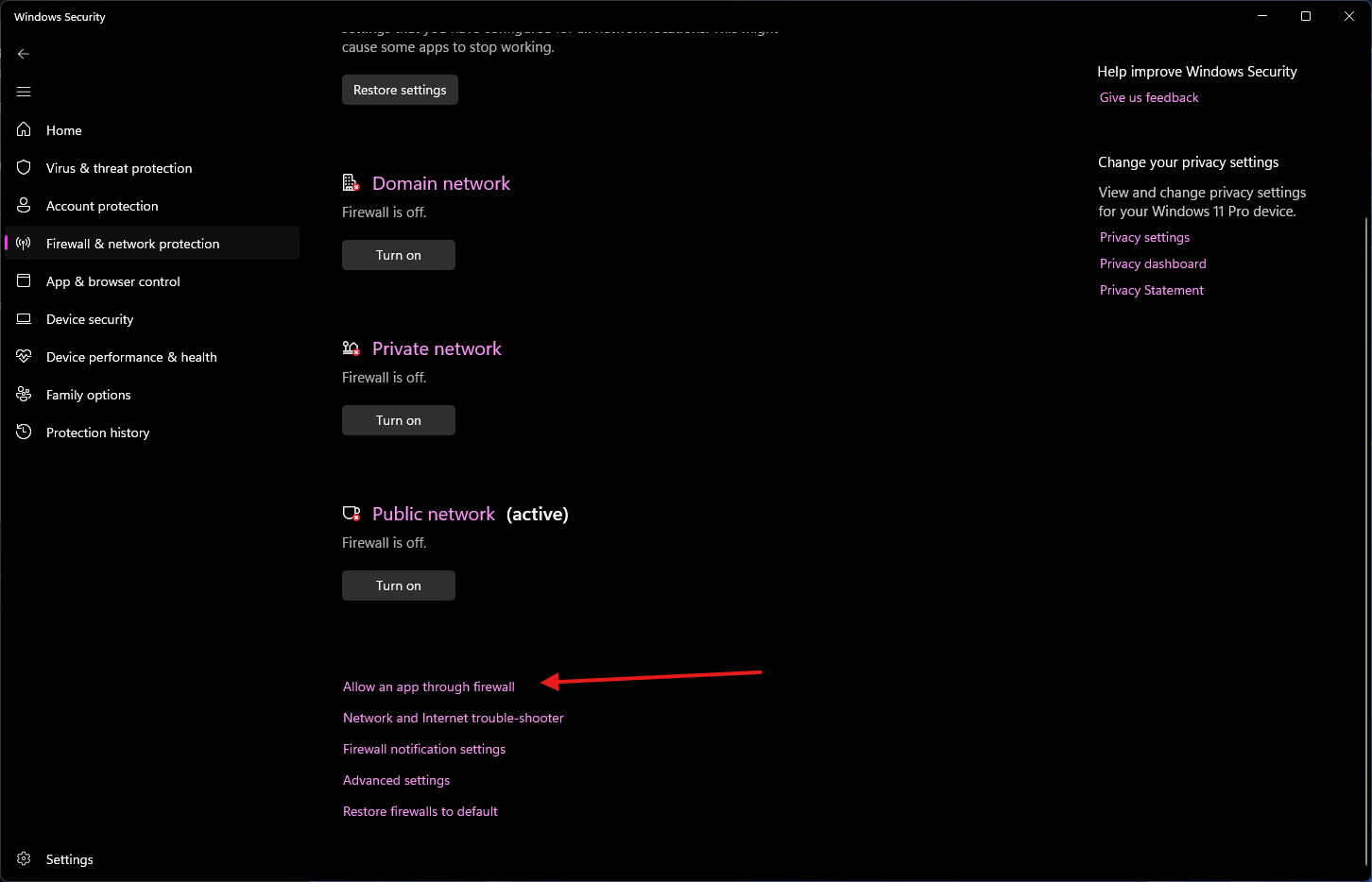 Screenshot showing how to add an app in firewall