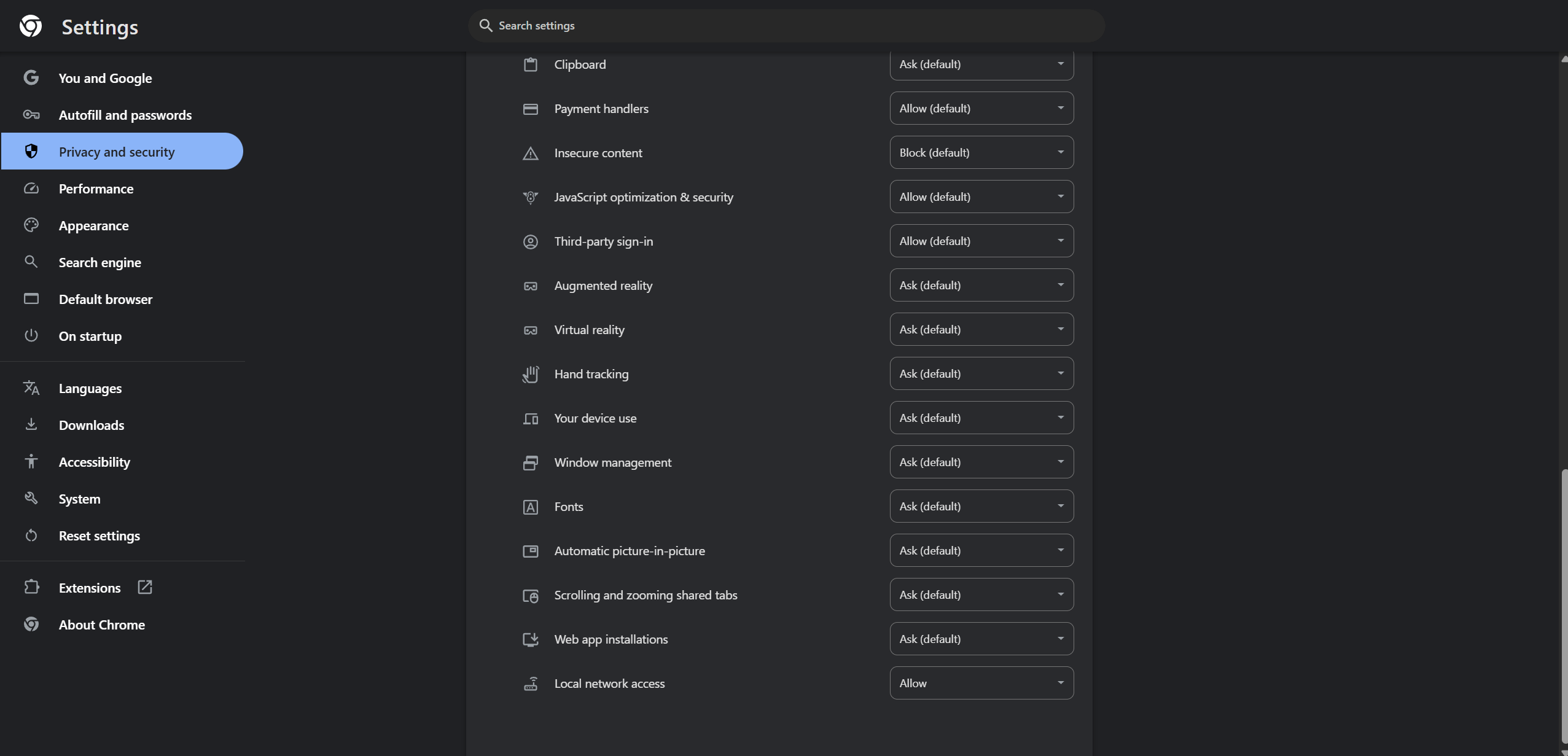 Screenshot of Chrome privacy & security options