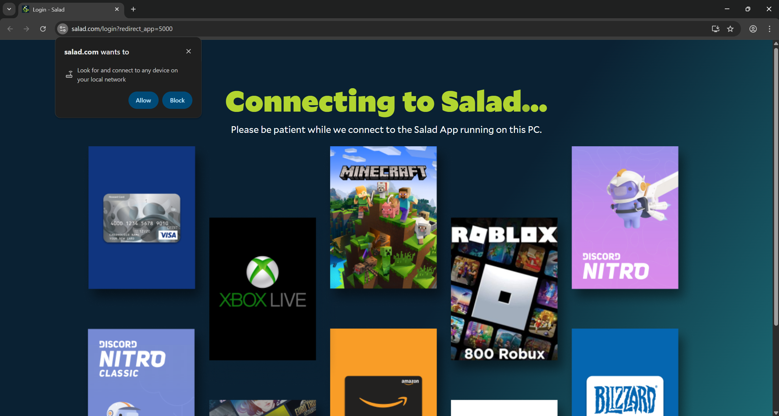 Screenshot of Chrome asking for network access