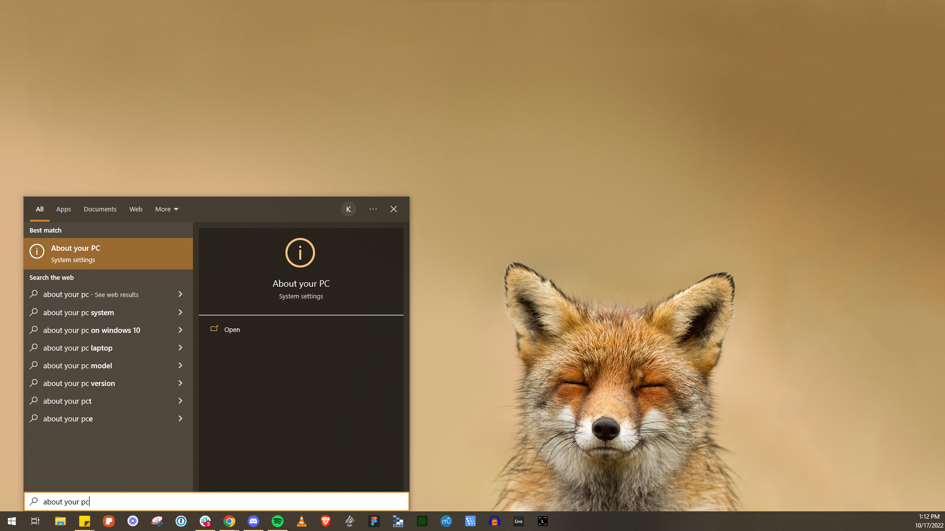 Screenshot of Windows Search opening About Your PC