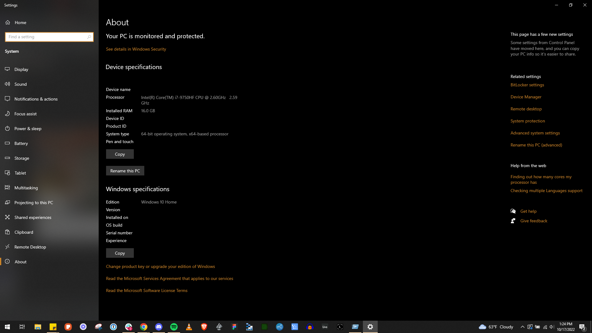 Screenshot of Windows Settings showing CPU