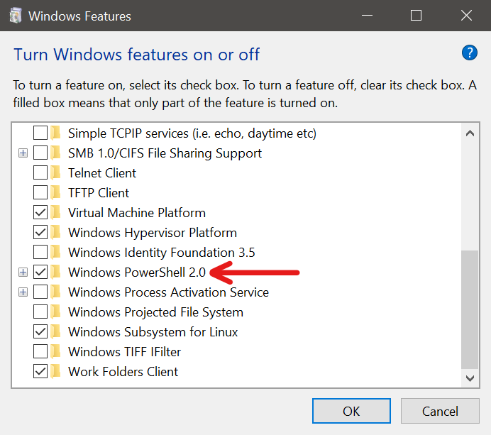 Screenshot showing Windows Powershell 2.0 options in Windows Features