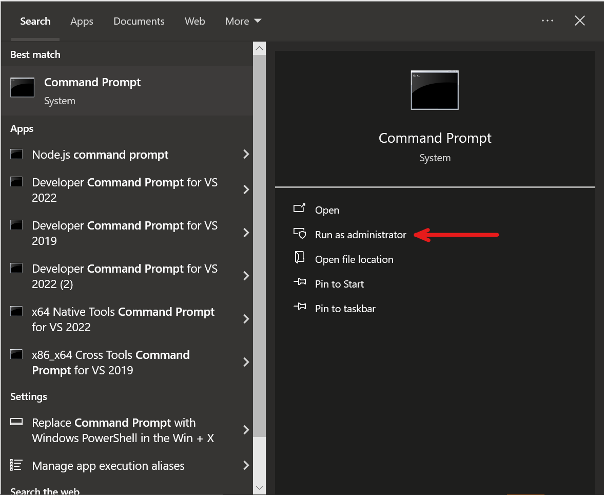 Screenshot showing how to open Command Prompt as admin