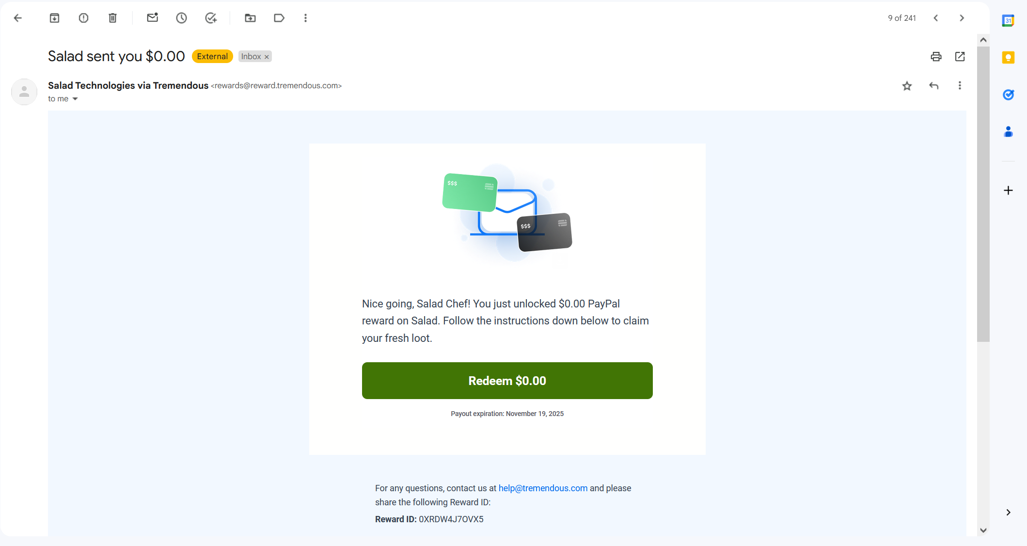 Screenshot of email container reward