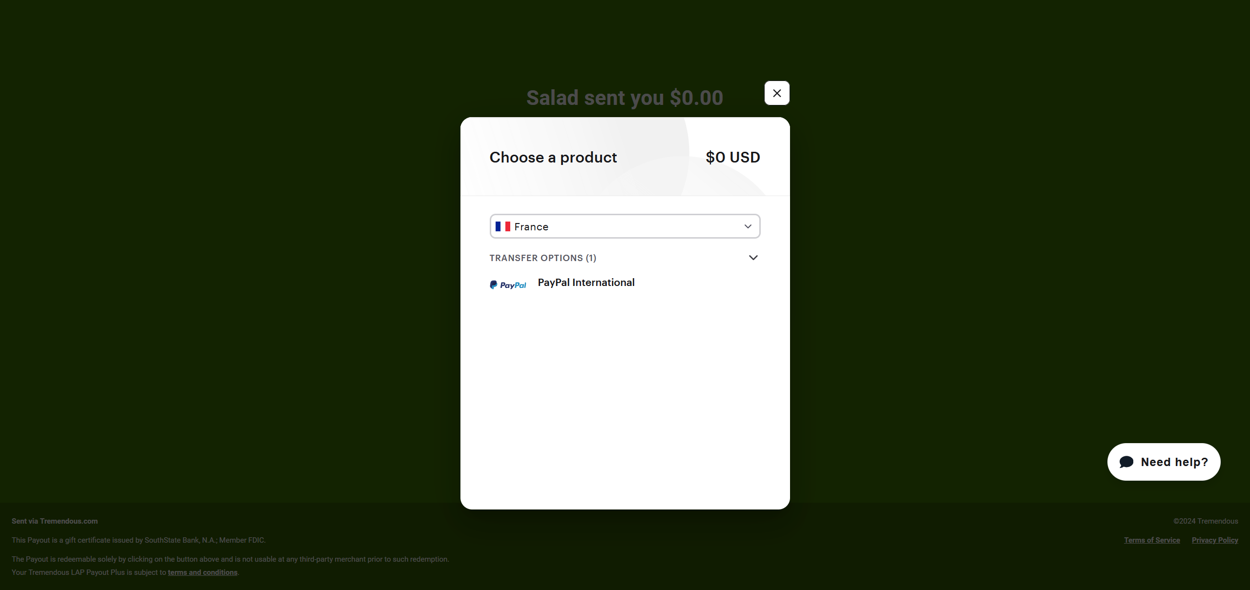 Screenshot showing Paypal transfer options