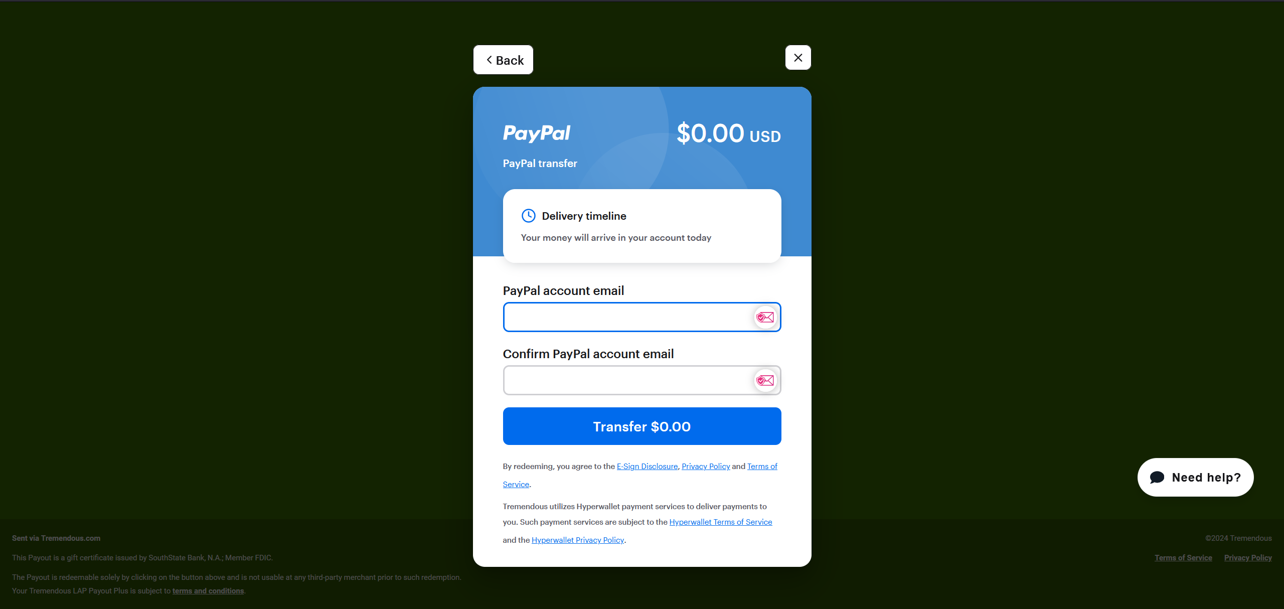 Screenshot showing Paypal transfer options