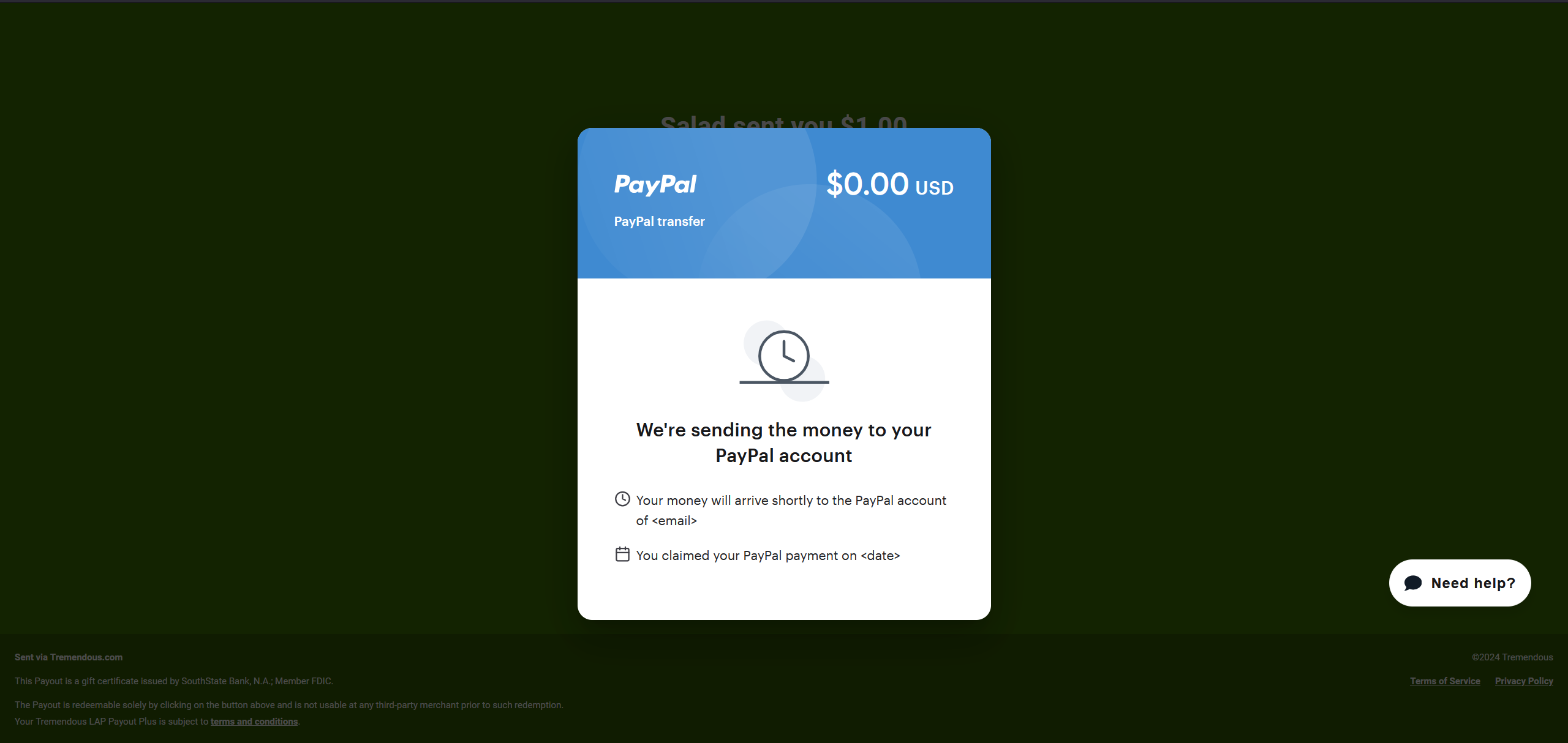 Screenshot of a submitted Paypal transfer